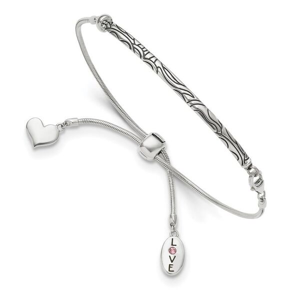 Kazi Luxury Silver Antiqued Reflections Crystal Love Heart Adjust Bracelet